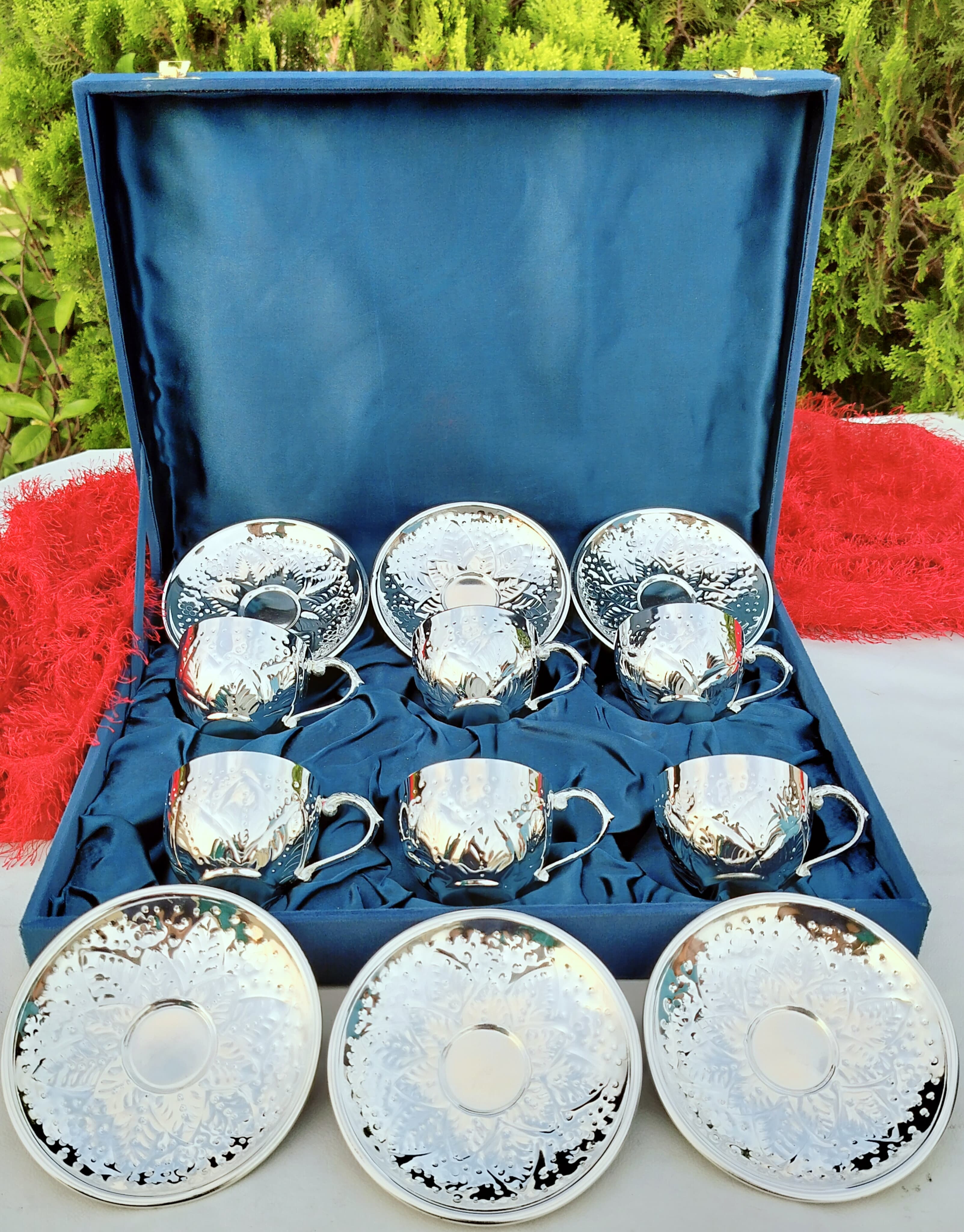 German silver Traditional nakkashi work 6 piece Tea Cup Saucer set with velvet gift box pack